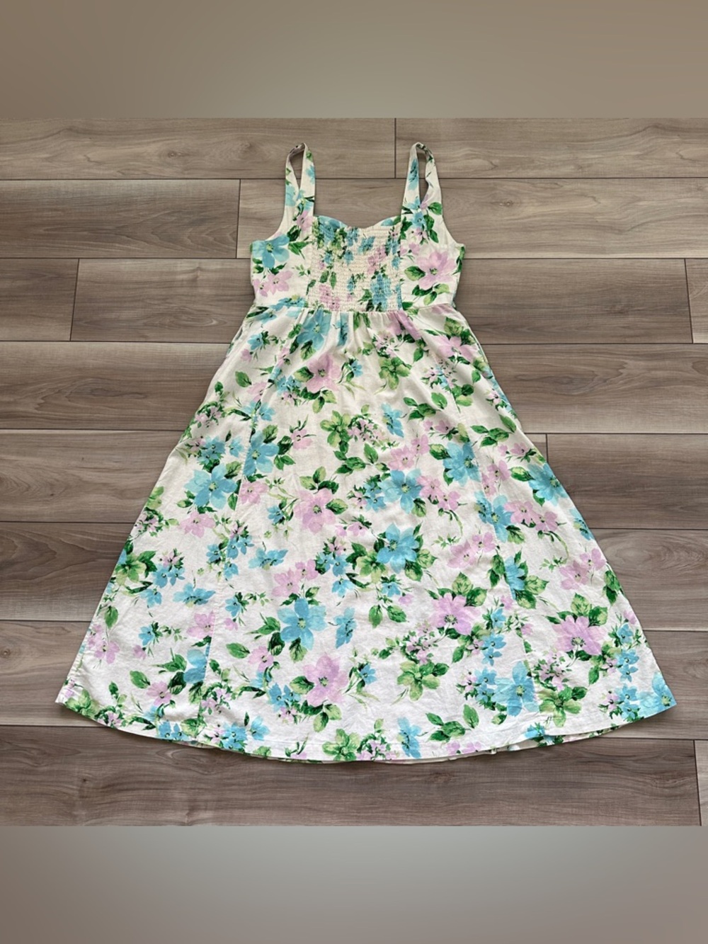 Old Navy Fit & Flare Linen Blend Midi Dress Sz L White Floral Pockets Sundress - Picture 13 of 16